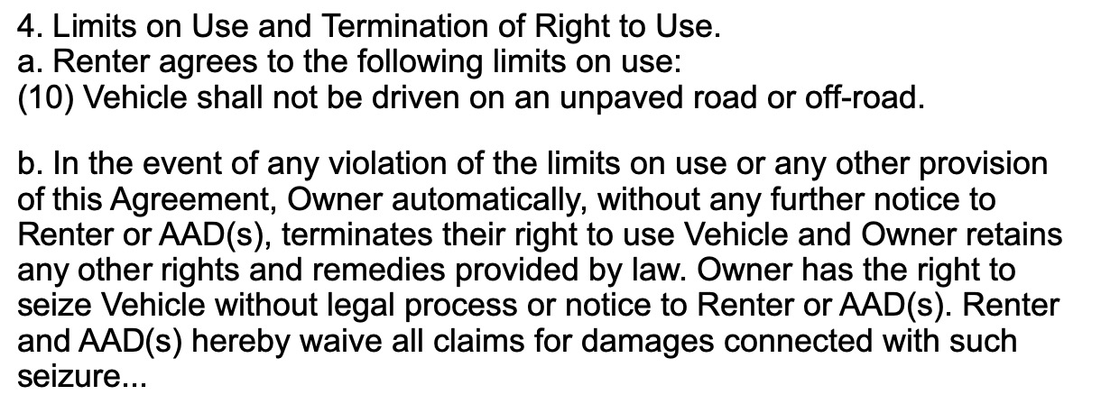 Auszug aus dem Rental Agreement: Limits on Use and Termination of Right to Use