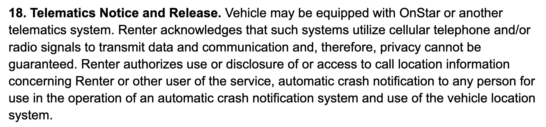 Auszug aus dem Rental Agreement: Telematics Notice and Release