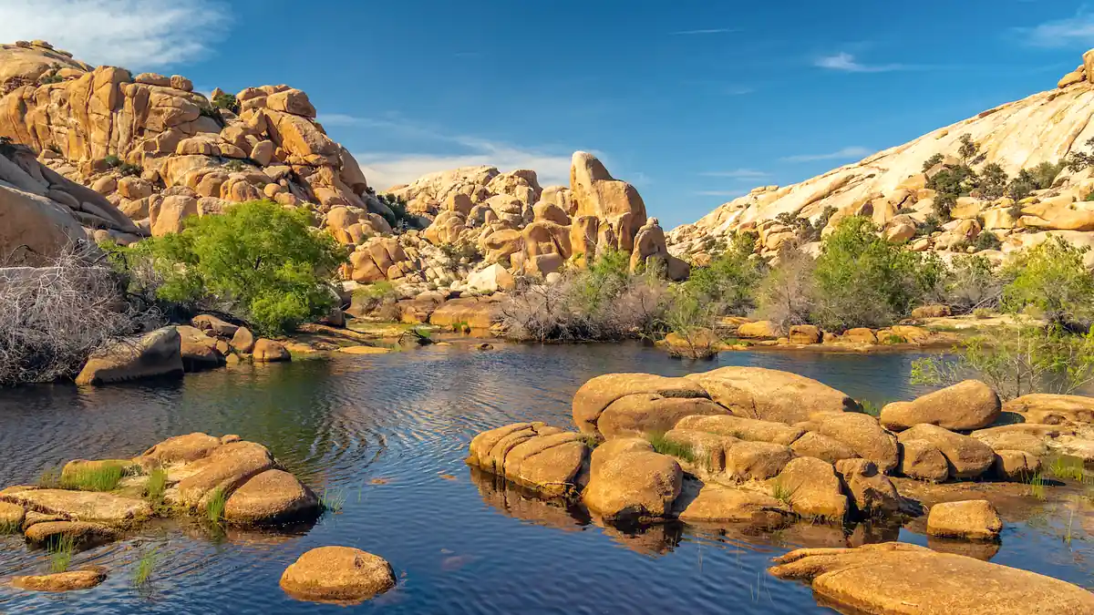 Barker Dam mit Felsen und Wasser im Joshua Tree Nationalpark