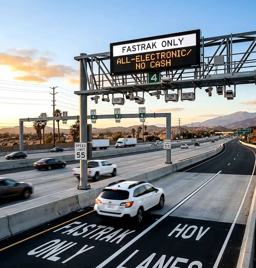 Elektronische Mautanlage mit FasTrak-Only- und All-Electronic-Anzeige über einer US-Autobahn mit Express- und HOV-Spuren