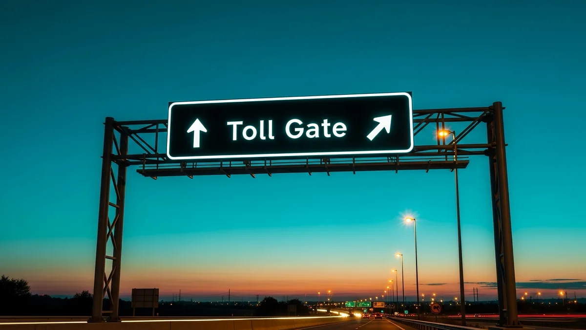 Beleuchtetes Toll-Gate-Schild über einem US-Highway in der Dämmerung als Hinweis auf eine elektronische Mautstrecke