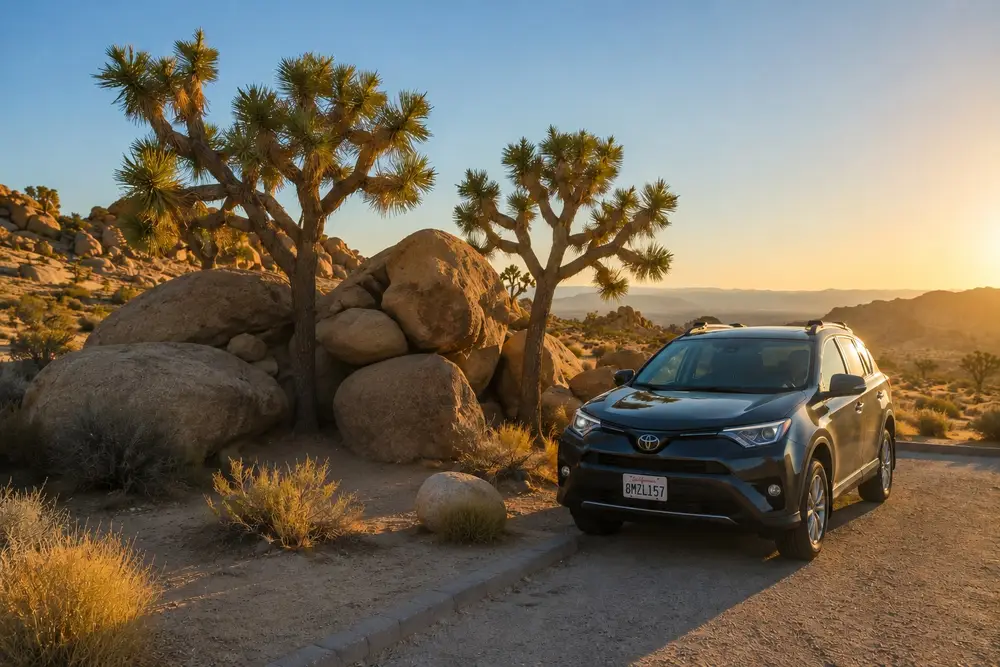 Kompakter SUV-Mietwagen bei Sonnenuntergang im Joshua Tree Nationalpark – Versorgung und Reichweite vor der Parkeinfahrt planen