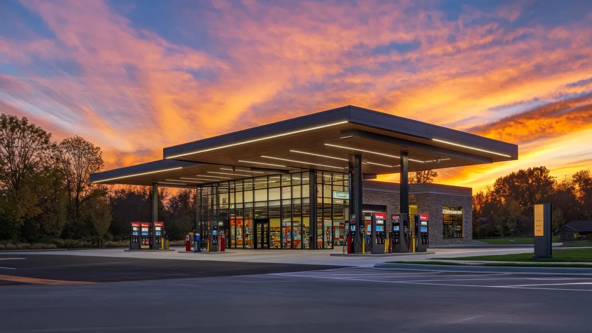 USA-Tankstelle bei Sonnenuntergang – letzter Tankstopp vor der Rückgabe des Mietwagens