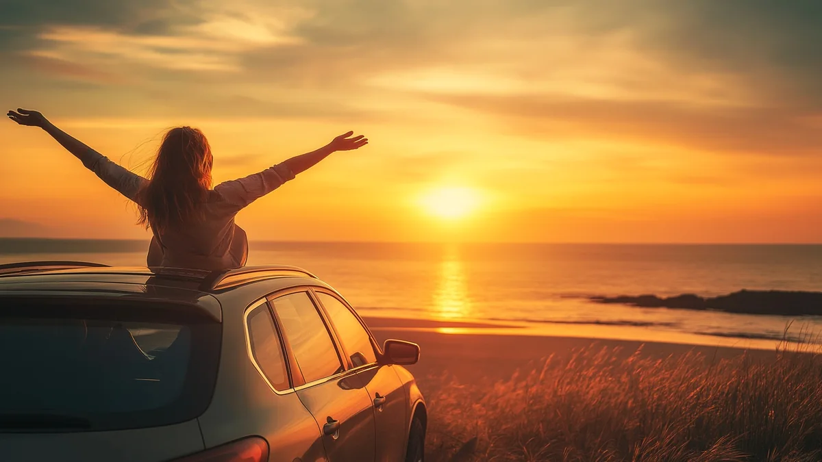 Junger Fahrer mit Mietwagen an der amerikanischen Küste bei Sonnenuntergang